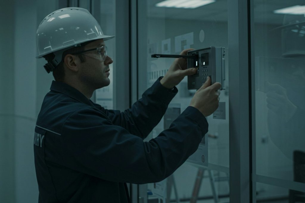 A construction worker is examining a door.