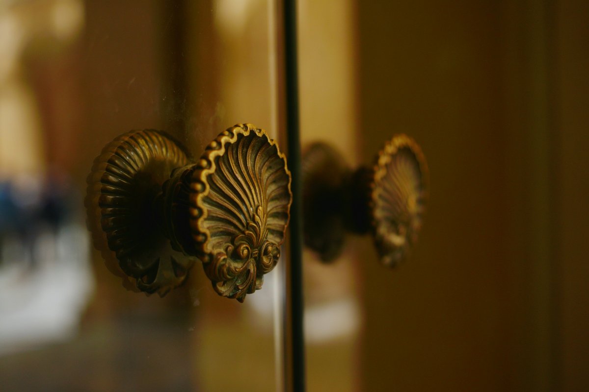 Close-up of ornate brass door handles on glass