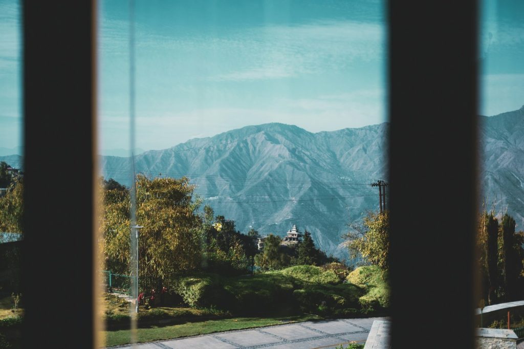 View of mountains through a window