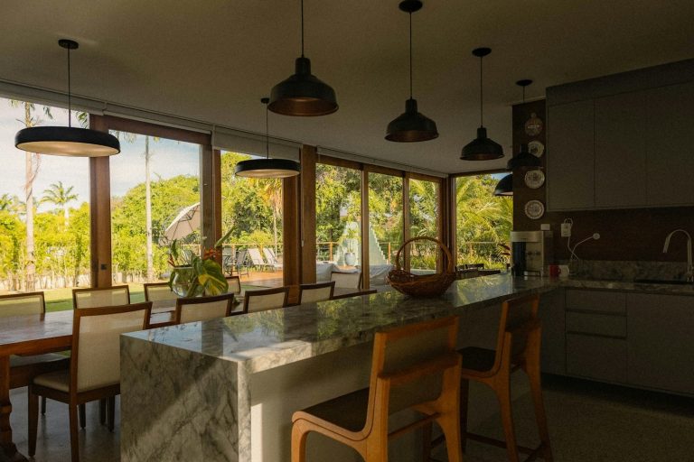 Modern kitchen and dining area with large windows