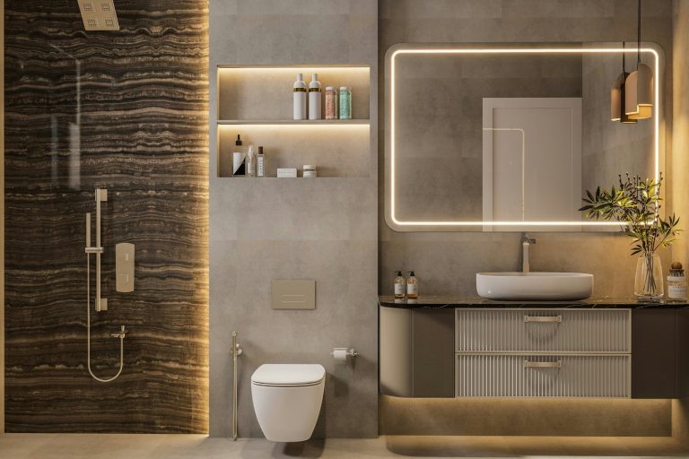 Modern bathroom design with elegant lighting.