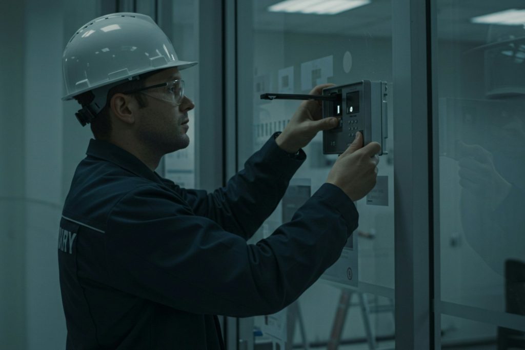 A construction worker is examining a door.