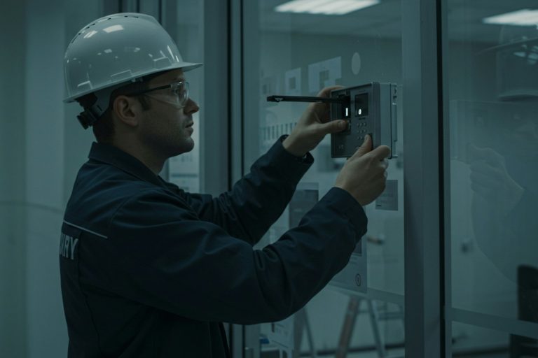 A construction worker is examining a door.