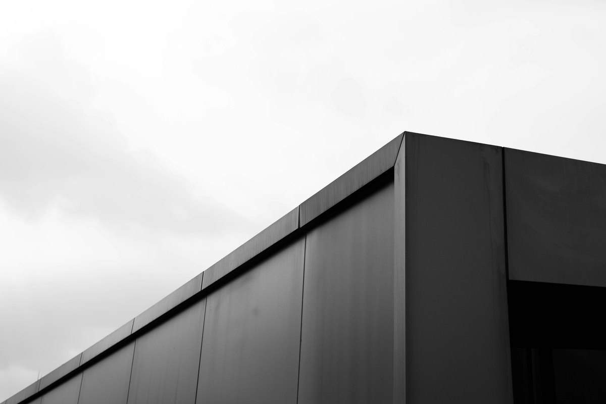 Black and white photo of a building with a strong framed glass facade, showing how finish drives the visual impression
