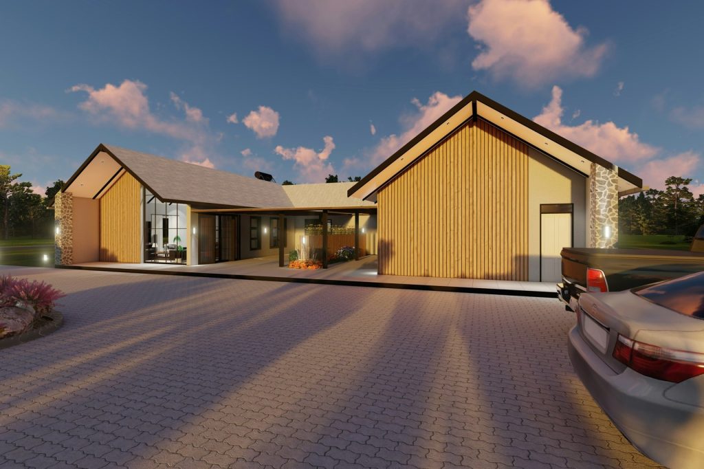 Modern house with large windows and a car