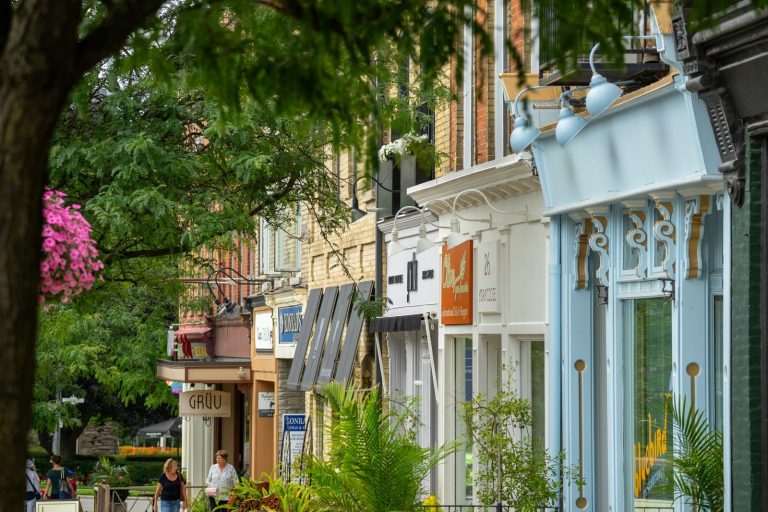 A row of quaint shops lines a city street.
