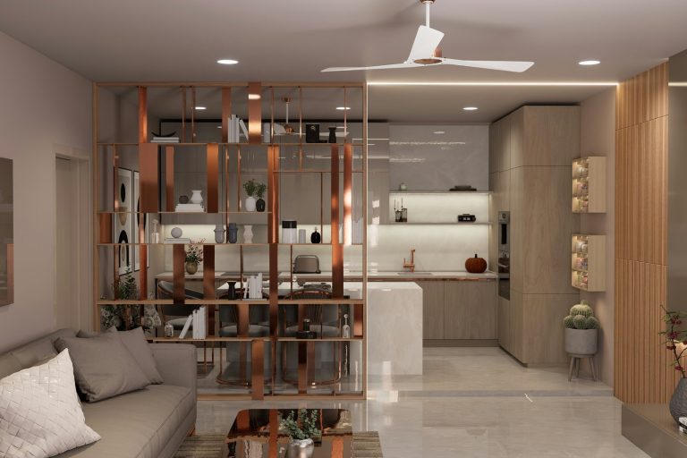 A modern living room with open kitchen and divider.