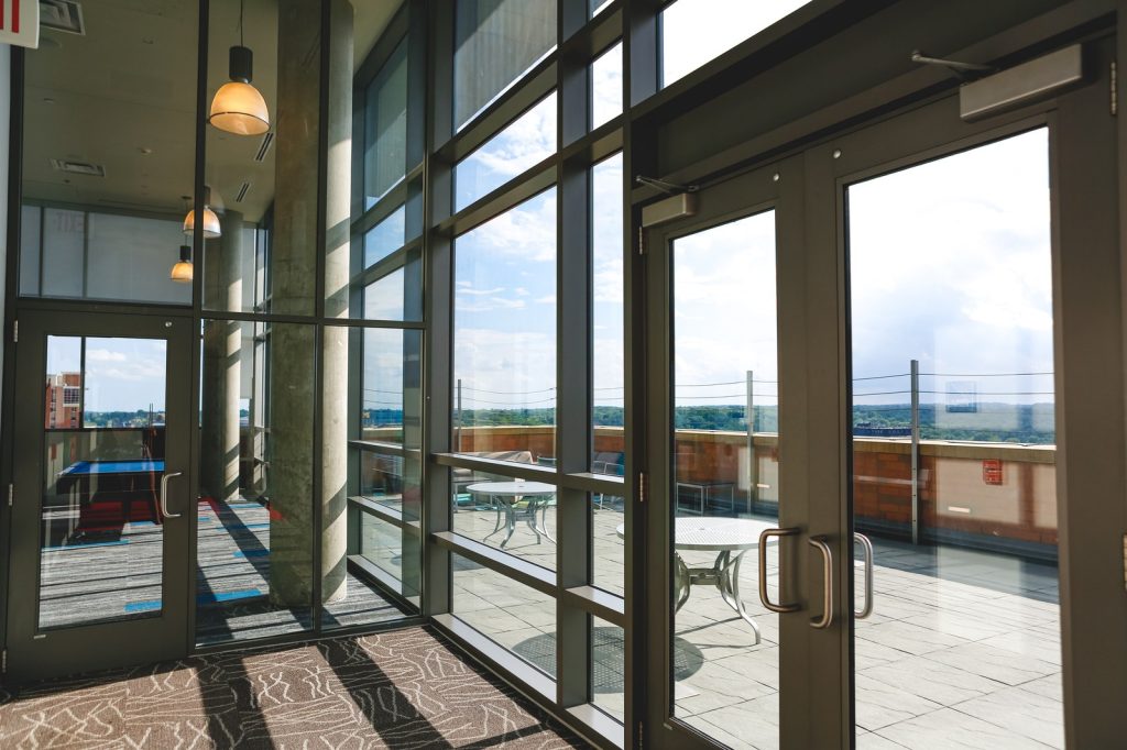 Commercial storefront glazing with large glass panels